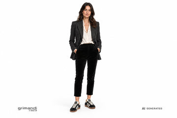 Sneakers Back 70 donna calzate con pantalone velluto nero cropped, blusa seta avorio e blazer doppiopetto antracite. Outfit 1
