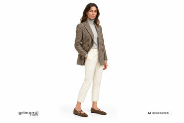 Ballerine FRAU donna indossate con pantaloni in lana panna, dolcevita cashmere grigio perla e blazer spigato marrone. Outfit 1a