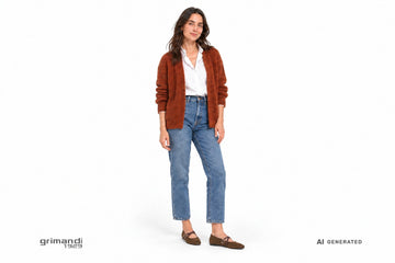 Ballerine FRAU donna indossate con jeans blu medio, camicia popeline bianca con colletto a balze e cardigan ruggine. Outfit 2