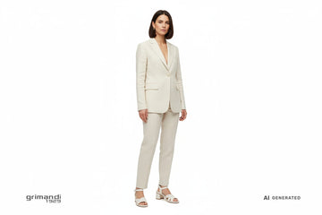 CaFèNoir sandalo bianco fasce intrecciate cuciture tacco blocco tailleur lino ecru gioielli oro minimali - AI-Generated Model