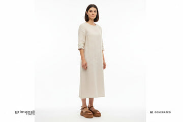 CafeNoir sandalo zeppa rafia intrecciata marrone camel con cinturino pelle e fibbia oro abbinato ad abito midi lino ecru per look casual-chic estivo - AI-Generated Model