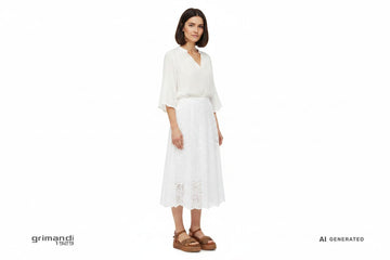 CafeNoir sandalo zeppa rafia intrecciata marrone camel con cinturino pelle abbinato a gonna midi sangallo bianco e blusa fluida per outfit giorno estivo - AI-Generated Model
