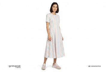 CafeNoir sneaker runner nylon camoscio rosa cipria abito midi svasato cotone righe pastello estate - AI-Generated Model