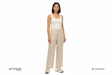 CafeNoir sneaker pelle intrecciata beige platform con charm oro abbinata a pantalone palazzo lino sabbia e canotta cotone per look casual-chic quotidiano - AI-Generated Model