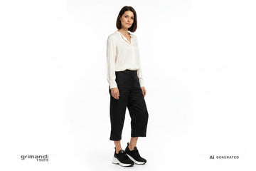 CafeNoir sneaker tessuto intrecciato nero platform bianca abbinata a pantalone culotte lino nero e blusa seta per look chic dinamico urbano - AI-Generated Model