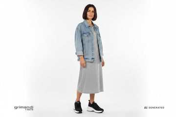 CafeNoir sneaker tessuto intrecciato nero platform bianca abbinata ad abito midi jersey cotone e giacca denim oversize per look street-chic femminile - AI-Generated Model