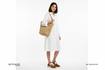 CafeNoir Jeans sneaker suede marrone cognac traforato charms oro pizzo perle abito chemisier bianco borsa rafia estate - AI-Generated Model