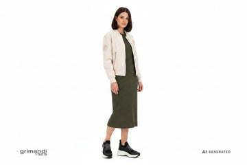 CafeNoir Jeans sneaker slip-on nera knit con fascia strass cristalli platform bianca abbinata ad abito midi jersey costine e giacca bomber per look sporty-chic urbano - AI-Generated Model