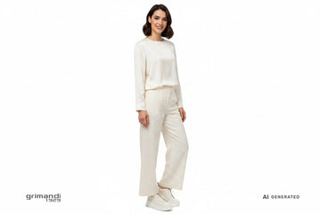 CafeNoir sneaker pelle bianca fiori 3D rilievo laccio elastico charm oro pantalone palazzo lino avorio blusa seta - AI-Generated Model