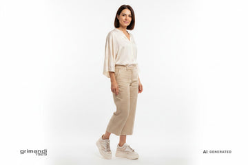CafeNoir sneaker platform pelle bianca inserti mesh rosa onda con charm cristalli abbinata a pantalone culotte lino sabbia e blusa seta per outfit sofisticato aperitivo - AI-Generated Model