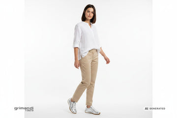 CafeNoir Jeans sneaker pelle laminata argento crinkled retro runner suola gum abbinata a pantalone chino sabbia e blusa lino bianco per look quotidiano dinamico - AI-Generated Model