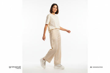 CafeNoir sneaker platform bianca inserti ondulati mesh e gioiello strass abbinata a pantalone palazzo lino sabbia e blusa cotone per outfit giorno - AI-Generated Model