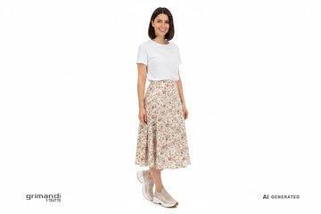 CafeNoir Jeans sneaker slip-on knit lurex beige rosa platform abbinata a gonna midi cotone floreale e t-shirt basic modella giovane contemporanea - AI-Generated Model