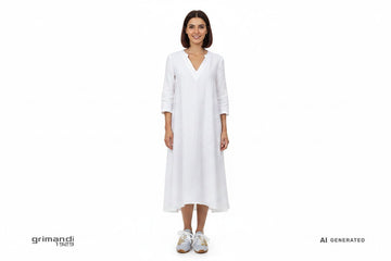 CafeNoir Jeans sneaker suede azzurro charms marini oro pizzo perle abito midi lino bianco estate - AI-Generated Model