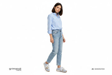 CafeNoir Jeans sneaker suede azzurro charms marini oro pizzo perle jeans dritto camicia popeline azzurro pastello - AI-Generated Model