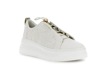 CafèNoir Women's Leather Floral Elastic Lace Sneaker White