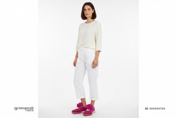 CafeNoir sneaker nylon fucsia camoscio bordeaux fiore 3D removibile suola fucsia pantalone culotte lino bianco blusa - AI-Generated Model