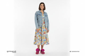 CafeNoir sneaker nylon fucsia camoscio bordeaux fiore 3D removibile vestito midi floreale giacca jeans brunch città - AI-Generated Model