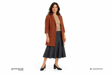 Décolleté Valleverde donna indossate con gonna longuette antracite, maglia cammello e cappotto in lana cotta ruggine. Outfit 2