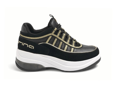 Fornarina Sneakers UP Lacci Zeppa Camoscio Tessuto Black Gold