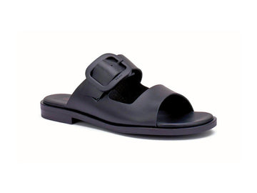 Frau Slippers Women's Black Leather Mules with Maxi Logo Buckle