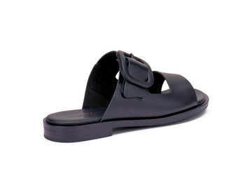 Frau Slippers Women's Black Leather Mules with Maxi Logo Buckle