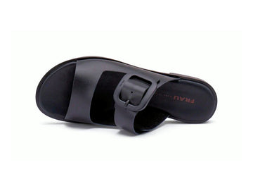 Frau Slippers Women's Black Leather Mules with Maxi Logo Buckle