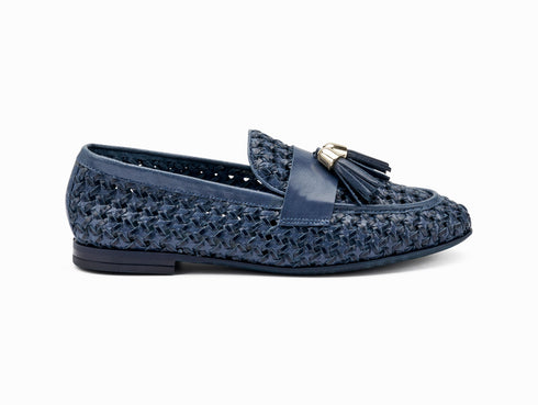 Frau Mocassini Tacco Basso con Nappine Pelle Intrecciata Blu Navy 95T6
