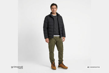 Scarponcini Geox uomo indossati con cargo twill oliva, maglia merino antracite, t-shirt bianca e piumino nero opaco. Outfit 1