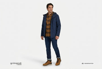 Scarponcini Geox uomo indossati con jeans indaco risvoltati, overshirt flanella a quadri marrone e ocra e giacca navy. Outfit 2