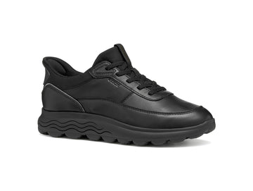 Geox Women's Spherica Plus Leather Sneaker in Total Black