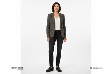Melluso slip-on pelle nappa nera vernice crinkle cap-toe brogue zeppa Outfit tailored denim fusion jeans sartoriale scuro blusa burro blazer lana tortora - AI-Generated Model