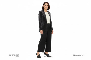 Outfit 2 Autunno Inverno – Maglia viscosa avorio con pantaloni palazzo satin nero e blazer velluto grigio antracite