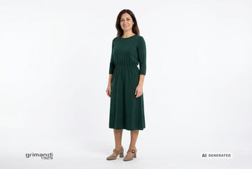 Decollete Melluso donna indossate con abito midi in maglia rasata di lana verde bosco e maniche a tre quarti. Outfit 1