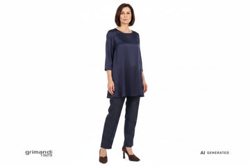 Outfit 1 Autunno Inverno – Tunica jersey satinato blu navy con pantaloni cady seta viscosa denim scuro