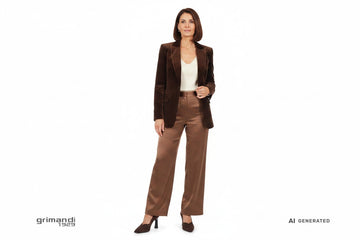 Outfit 2 Autunno Inverno – Blazer tuxedo velluto cioccolato con maglia viscosa crema e pantaloni palazzo satin nocciola