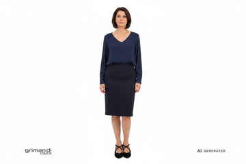 Melluso decollete camoscio nero cinturini incrociati fibbie argento Outfit formale blusa cady viscosa blu notte gonna tubino crepe blu scuro - AI-Generated Model