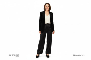 Outfit 2 Autunno Inverno – Blazer tuxedo velluto nero con maglia viscosa panna e pantaloni palazzo satin nero