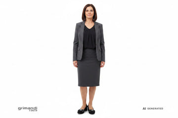 Outfit 2 Stile Lavoro Raffinato – Décolleté camoscio nero cap-toe vernice ampio bottone gioiello con blusa cady viscosa nera gonna tubino crepe antracite e blazer strutturato grafite