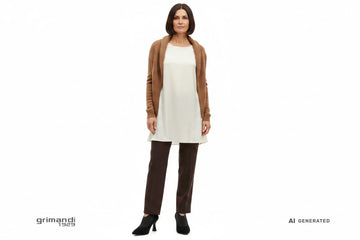 Outfit 1 Autunno Inverno – Tunica jersey satinato crema con pantaloni cady cioccolato fondente e cardigan lana nocciola