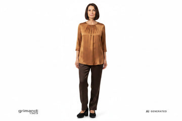 Outfit 2 Autunno Inverno – Tunica jersey satinato cammello con pantaloni cady cioccolato fondente