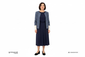 Outfit 1 – Abito midi navy con cardigan cashmere e giacca sartoriale - AI-Generated Model