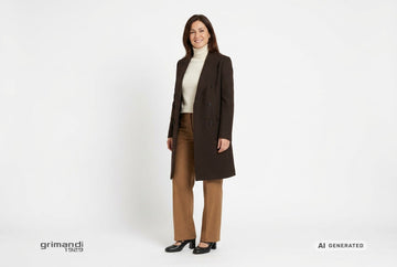 Decollete Melluso donna indossate con cappotto lana cioccolato, dolcevita cashmere crema e pantaloni flanella nocciola. Outfit 2