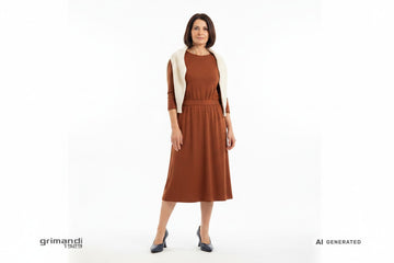 Décolleté Melluso pelle blu acciaio tacco scultura indossate con Outfit 1: abito midi maglia rasata lana cognac con girovita elasticizzato e cardigan panna.