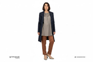 Outfit 2 Sera – Tunica jersey satinato greige con pieghe al collo cappotto denim indaco e pantaloni dritti cady cognac