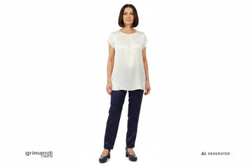 Outfit 2 Autunno Inverno – Tunica jersey satinato avorio con pantaloni cady seta viscosa blu notte