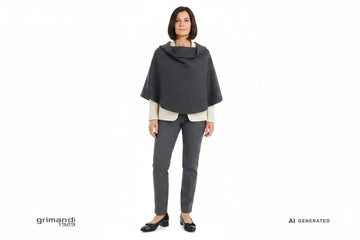 Outfit 1 – Poncho lana antracite con sottogiacca merinos panna e pantaloni sigaretta grafite