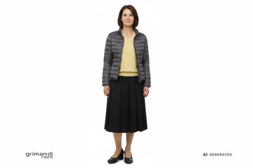 Outfit 2 – Piumino sciancrato antracite con cashmere burro e gonna midi plissettata nera