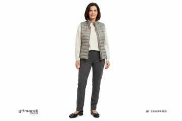 Outfit 1 – Gilet trapuntato greige con pullover alpaca panna e pantaloni jersey antracite