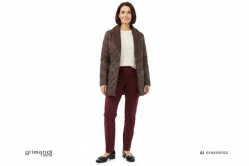 Outfit 2 – Cappotto trapuntato sciallato cioccolato con maglia crema e pantaloni bordeaux merlot